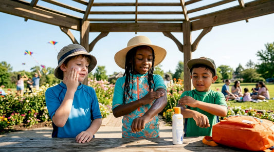 Children applying sunscreen outdoors at summer program