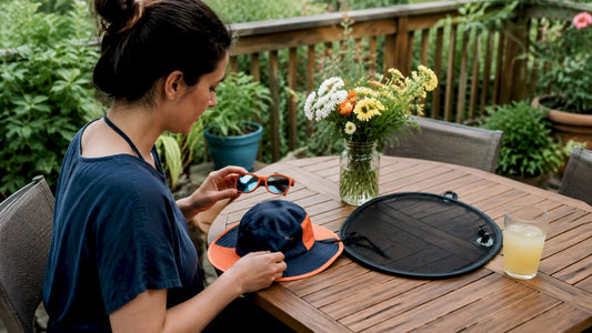 Parent comparing children's sun protection products at home