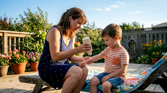Mother applying sunscreen to child outdoors