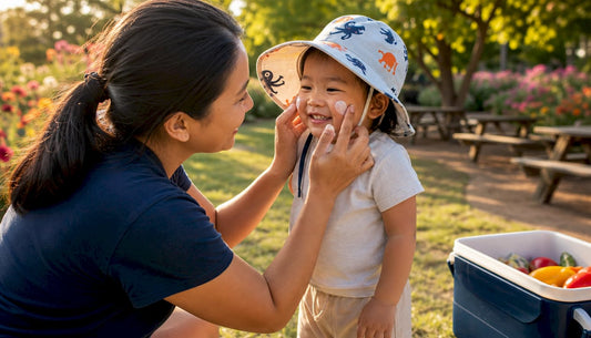 Parent applying sunscreen on toddler outdoors