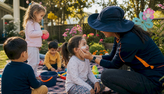Caregiver applying sunscreen to child outdoors