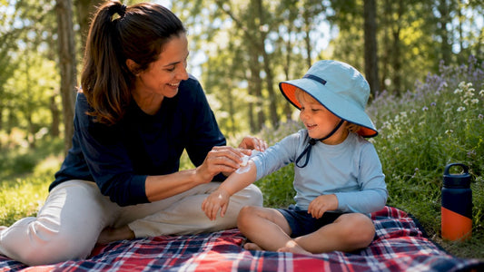 Mother applying sunscreen to toddler outdoors