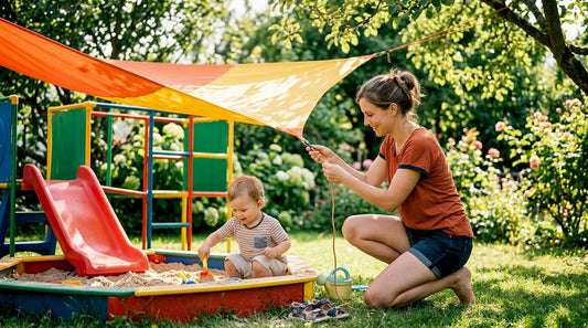 Mother installing shade sail over children's play area outdoors