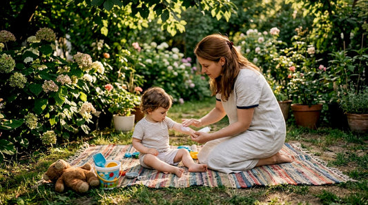 Mother applying sunscreen to toddler outdoors