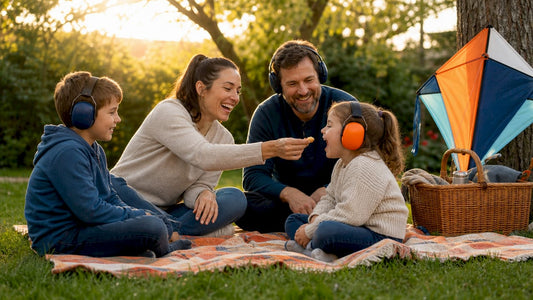 Family outdoors wearing hearing protection earmuffs