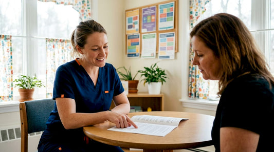 Nurse reviewing hearing protection policy with parent