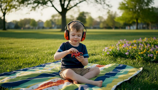 Child wearing colorful hearing protection earmuffs outdoors