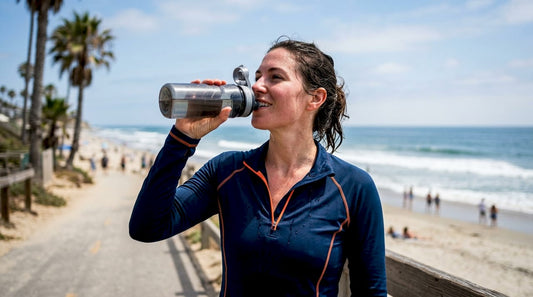 Woman jogging outdoors in sun-protective clothing