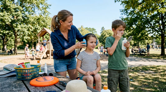 Mother fitting earmuffs on child at beach
