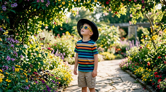Child outdoors wearing UV sunglasses and hat