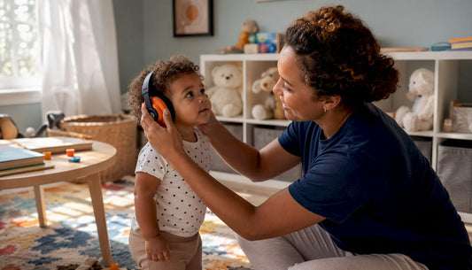 Parent fitting earmuffs on toddler indoors