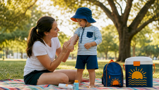 Mother applying sunscreen to toddler's arm outdoors