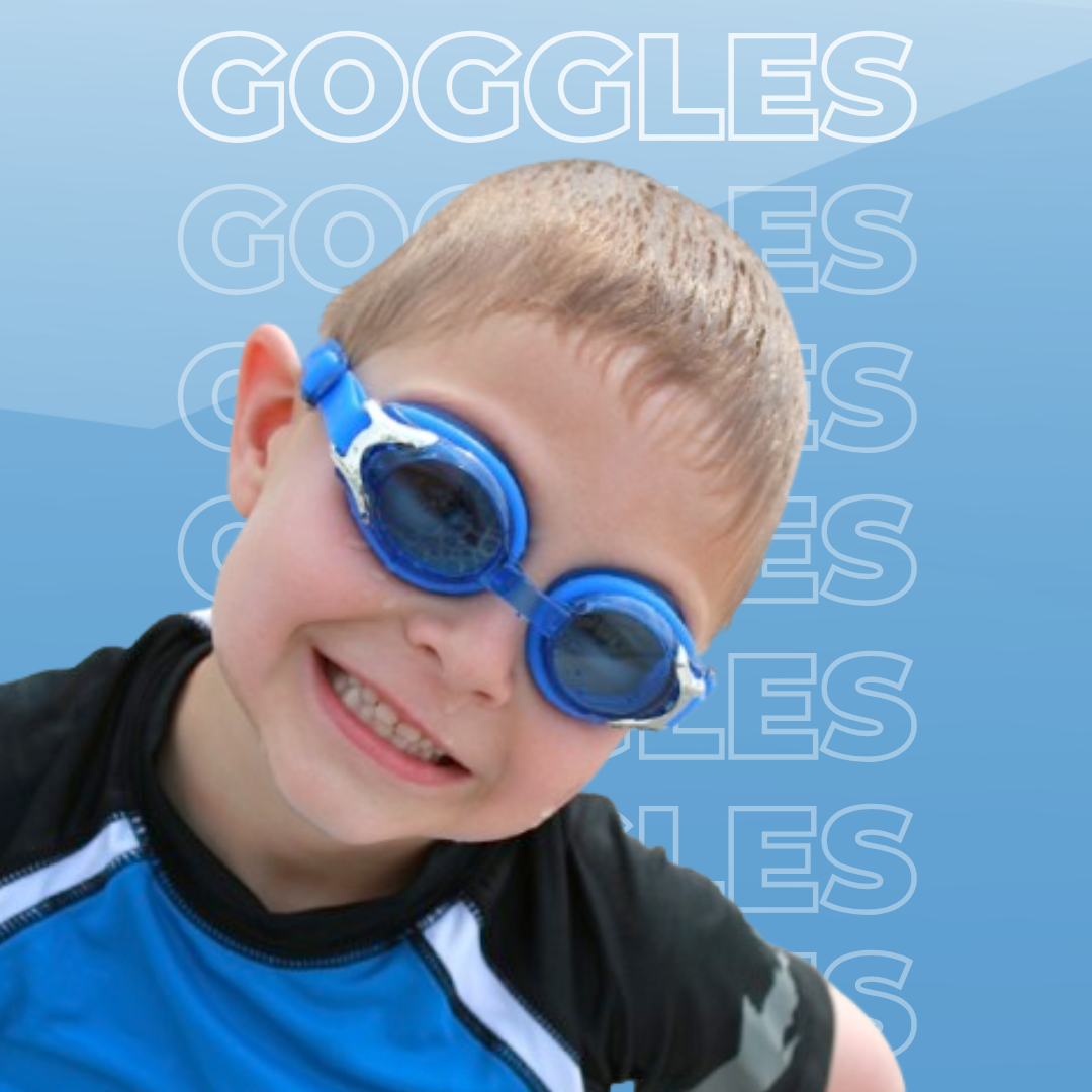 young child in banz blue swimgoggles over a drawing of forest