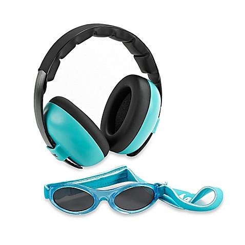 Baby BANZ earmuffs and sunglasses combo in Peace Doodle for hearing and UV protection
