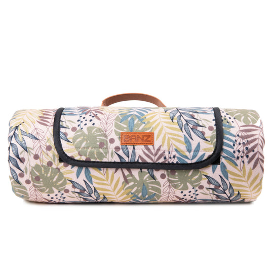 Picnic Waterproof Foldable Picnic Blanket in pink-monstera; waratah-apricot; gum-leaves-green; jungle-green; grevillea-navy-blue; banksia-blue Picnic Blankets