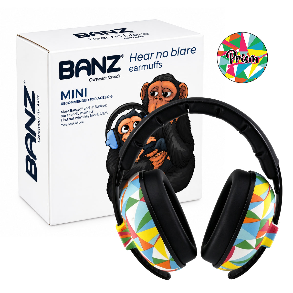 BANZ Mini baby earmuffs in Prism Flare print with retail box