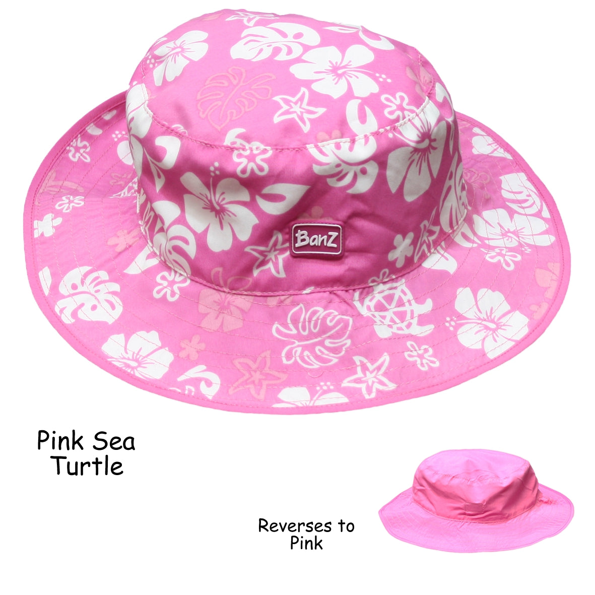Pink bucket hat with white floral pattern and Banz logo on a white background