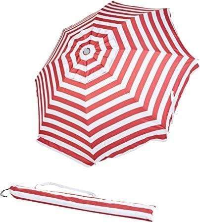 BANZ Global Umbrella SHELTA Noosa Beach Umbrella SHELTA Noosa Beach Umbrella / Red Stripe shows the umbrella open and also closed in carry bag