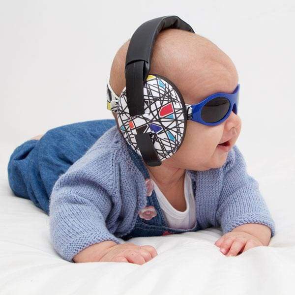 Baby BANZ earmuffs and sunglasses combo in Apricot Waratah for hearing and UV protection