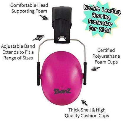 an image calling out features of the banz kids earmuffs "world's leading hearing protector for kids" comfortable head supporting foam on band, adjustable band extends to fit a range of sizes on the arms, certified polyurethans foam cups on side and thick shell and high quality cushion cups on cups