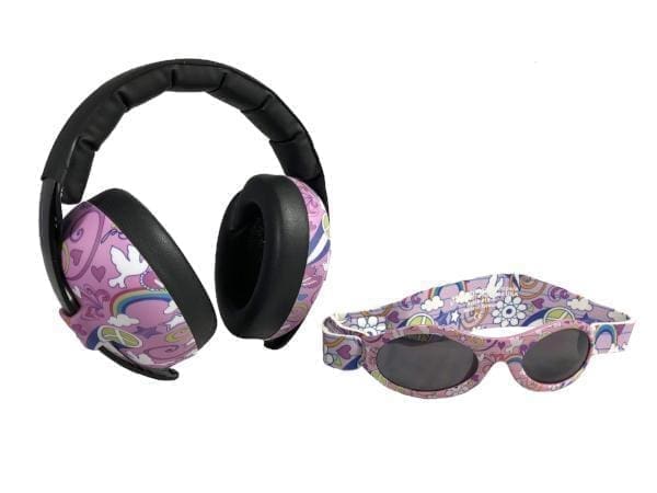 Baby BANZ earmuffs and sunglasses combo in Gray Doodle for hearing and UV protection