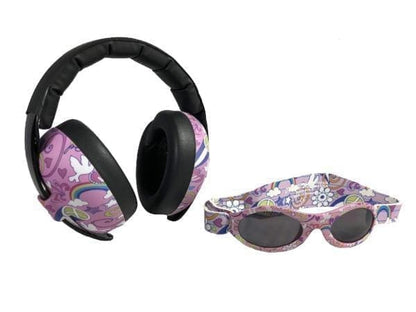 Baby BANZ earmuffs and sunglasses combo in Gray Doodle for hearing and UV protection